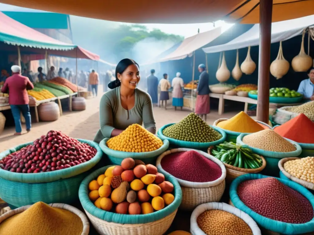 Un mercado vibrante con alimentos indígenas online compra, lleno de colores y vida