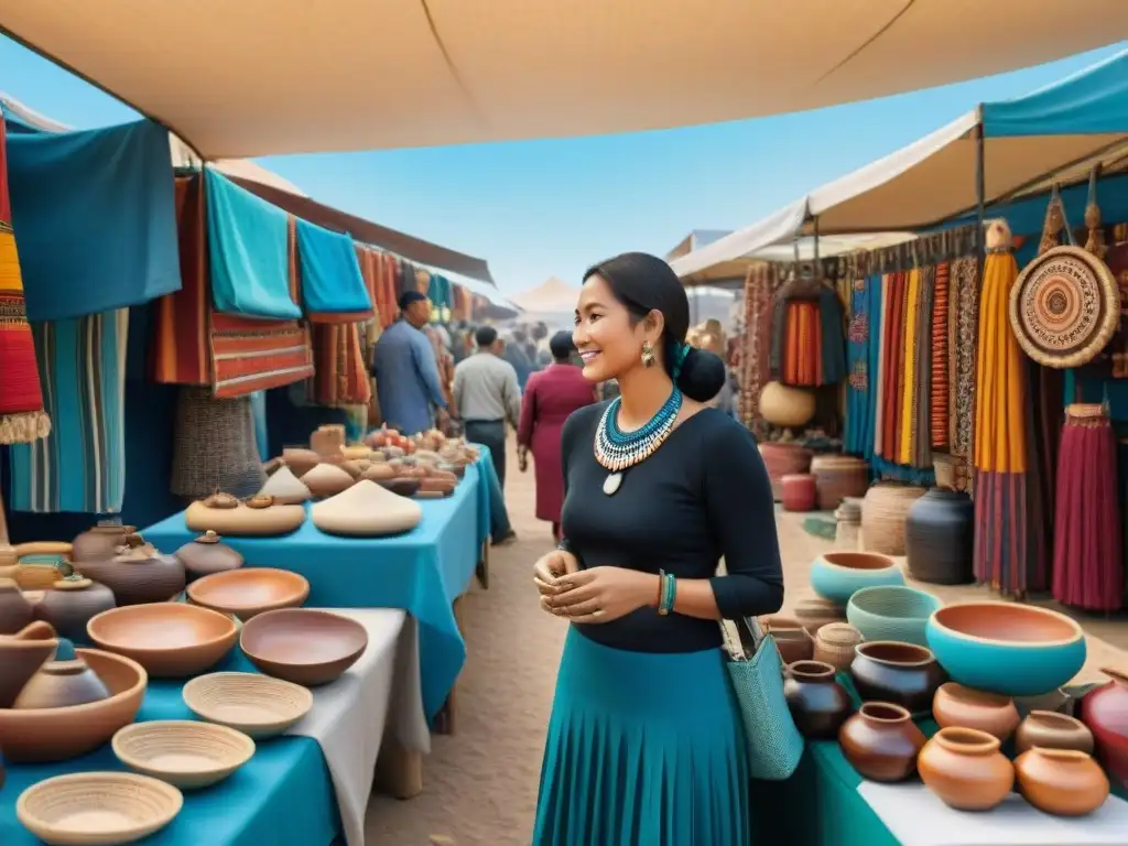 Mercado vibrante con artesanos indígenas mostrando sus creaciones