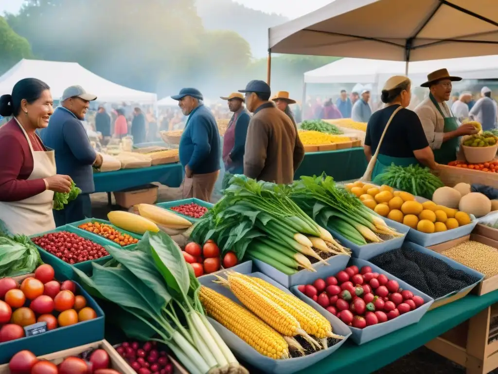 Un mercado vibrante y bullicioso donde vendedores indígenas exhiben con orgullo sus productos locales, creando una rica conexión comunitaria