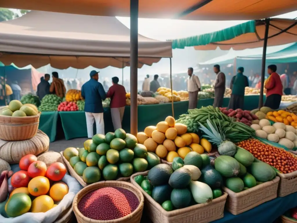 Un mercado vibrante en una ciudad sudamericana, fusionando culturas con frutas, verduras y especias