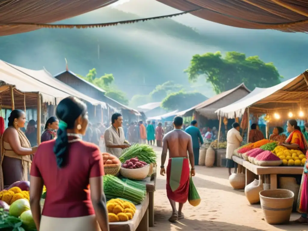 Un mercado vibrante en una comunidad indígena: textiles coloridos, artesanías, productos frescos y artesanos con vestimenta tradicional