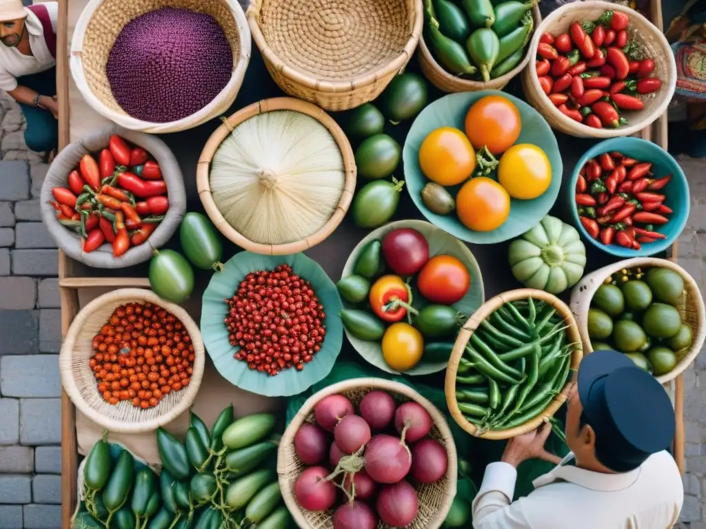 Mercado vibrante en Latinoamérica con ingredientes indígenas en gastronomía