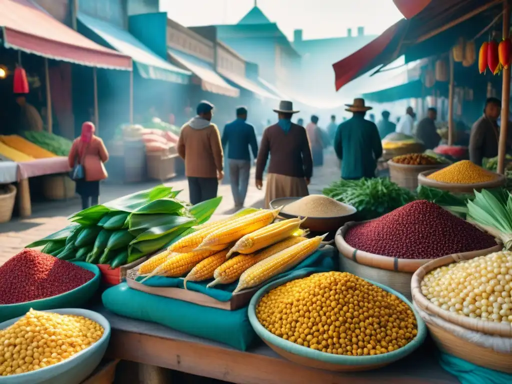 Mercado vibrante con ingredientes tradicionales y artesanías indígenas en un día soleado