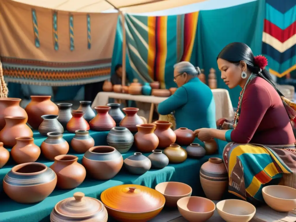 Un mercado vibrante lleno de arte indígena, artesanías y textiles coloridos bajo la luz cálida del sol