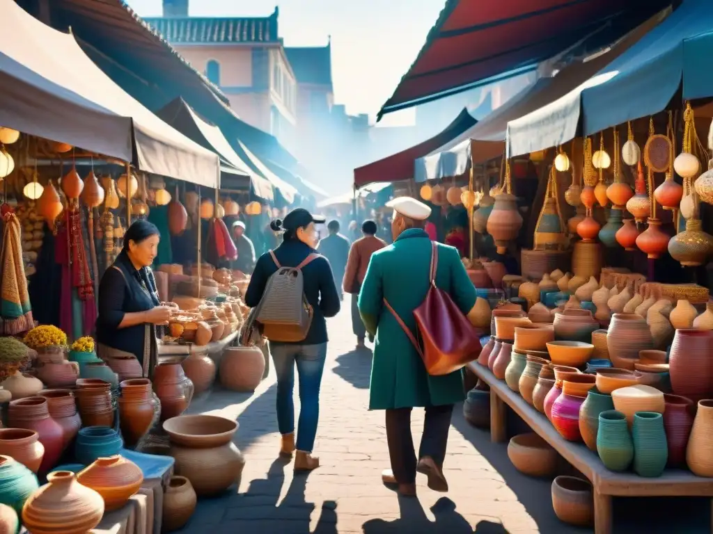 Un mercado vibrante lleno de colores y arte indígena