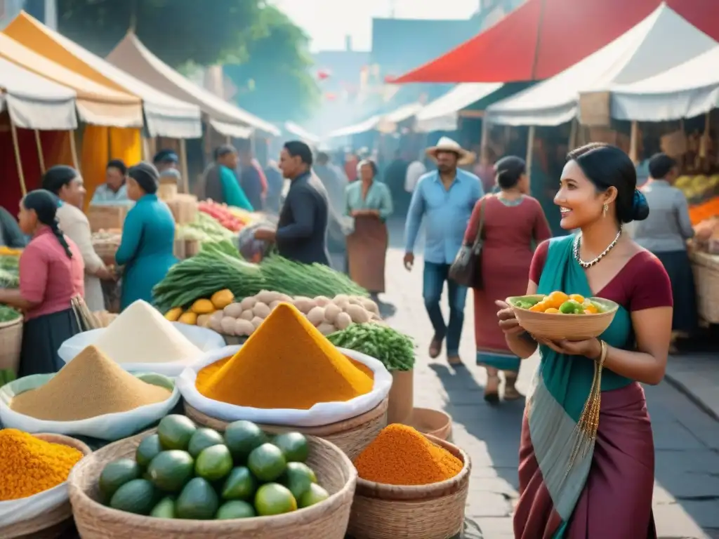 Un mercado vibrante lleno de vida y color, donde mujeres indígenas preparan platillos tradicionales