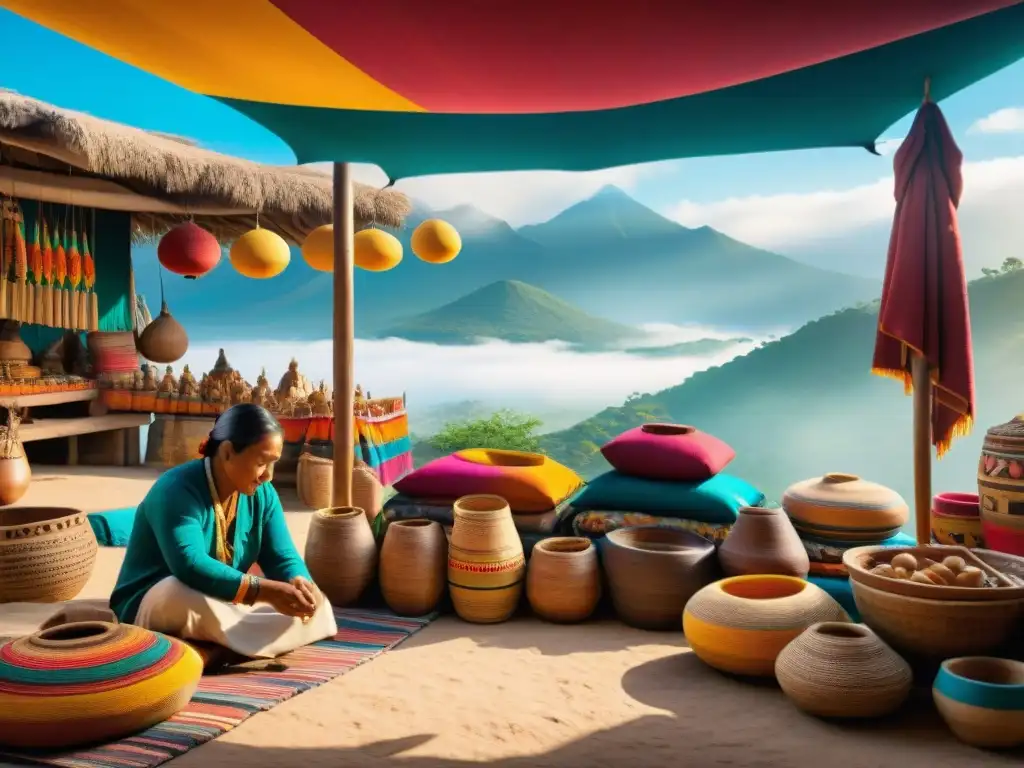Un mercado vibrante en Mesoamérica donde artesanos indígenas crean aerófonos bajo toldos coloridos
