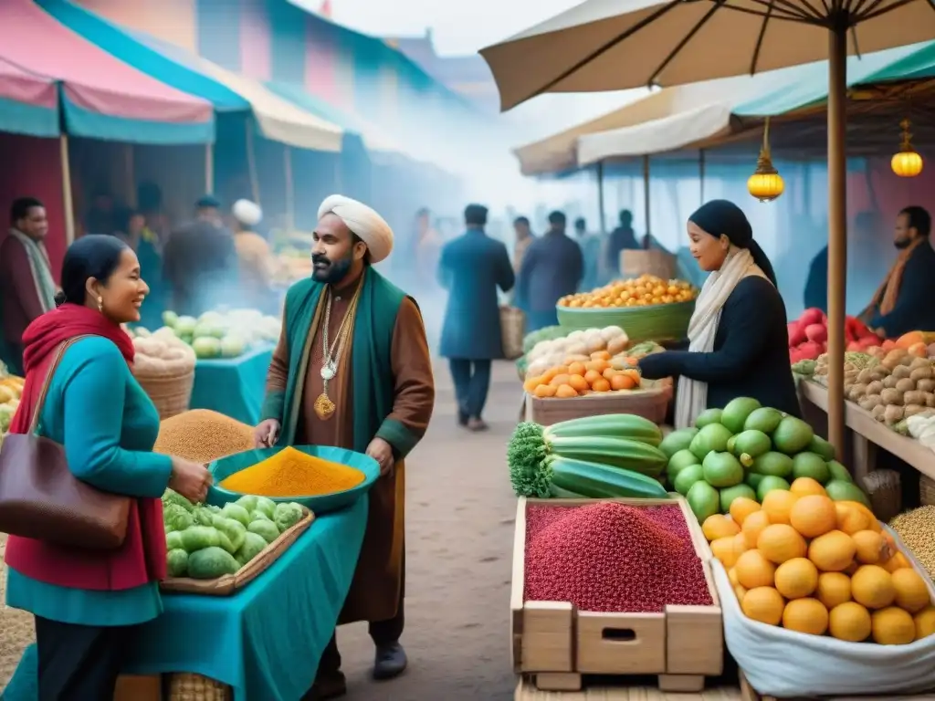 Un mercado vibrante repleto de alimentos ancestrales de diversas culturas en un ambiente de comercio justo y multicultural