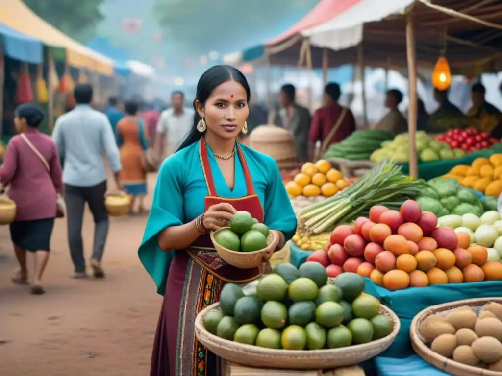 Un mercado vibrante con vendedores indígenas y productos coloridos, fusionando tradición y modernidad