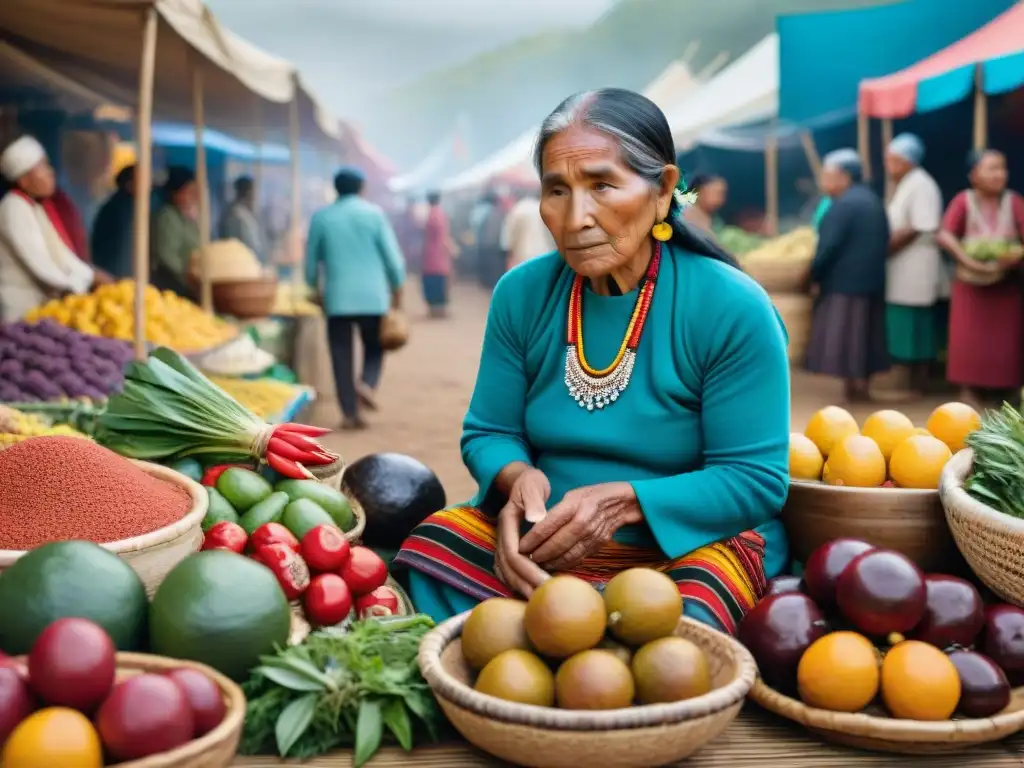 Un mercado vibrante con vendedores indígenas mostrando alimentos coloridos y únicos