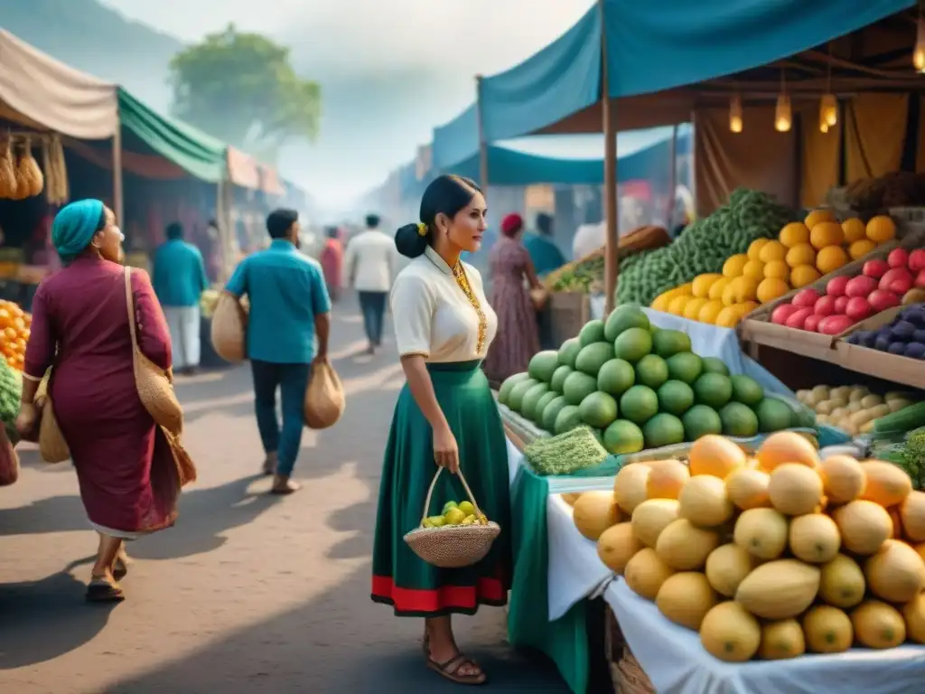 Un mercado vibrante con vendedores indígenas ofreciendo alimentos y artesanías, reflejando la diversidad y tradiciones