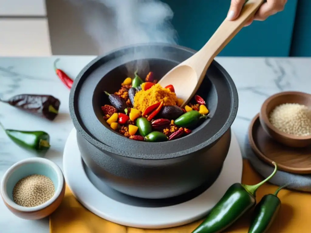 Una mezcla vibrante de sabores indígenas en recetas modernas con ingredientes coloridos en un molcajete mexicano