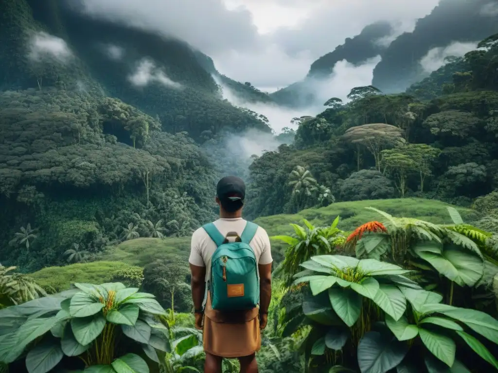 Un miembro de una comunidad indígena seleccionando suplementos naturales en la exuberante selva amazónica, reflejando su sabiduría ancestral