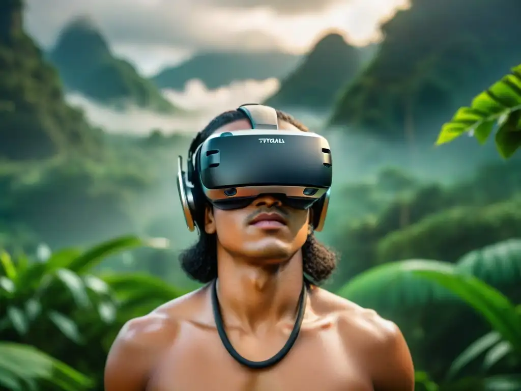 Miembro de tribu amazónica usando visor de realidad virtual, vive Experiencias inmersivas culturas indígenas