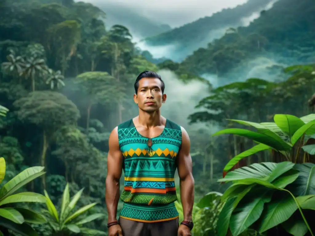 Un miembro de tribu indígena en la selva Amazónica, viste atuendo tradicional con patrones vibrantes