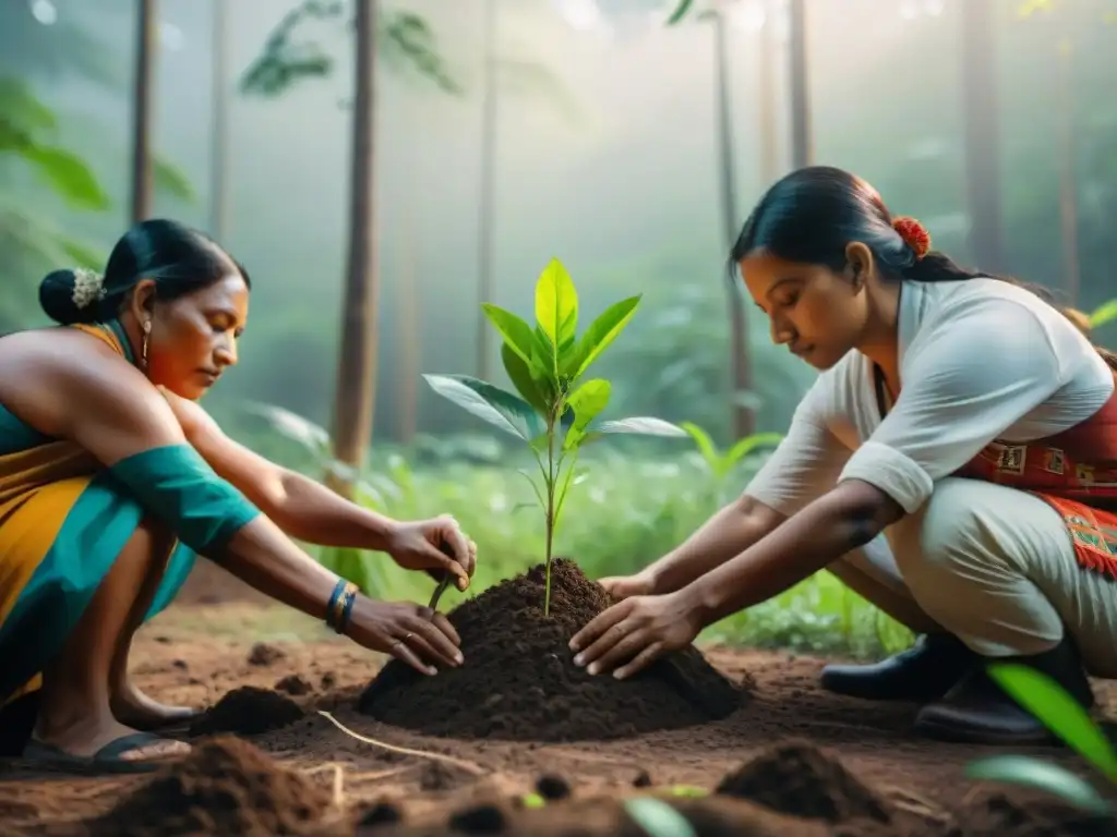 Miembros de comunidad indígena plantan árboles en bosque, resaltando estrategias de preservación