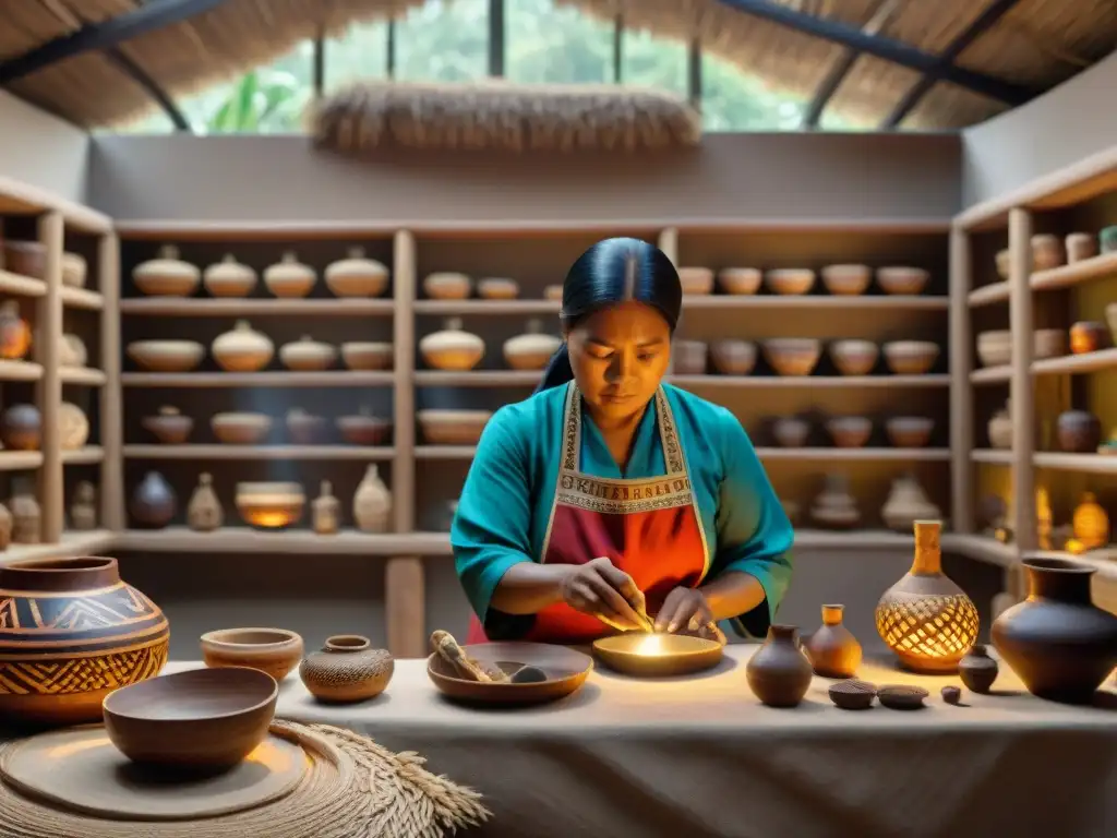 Miembros de comunidad indígena restauran artefactos en museo tradicional decorado, con luz natural