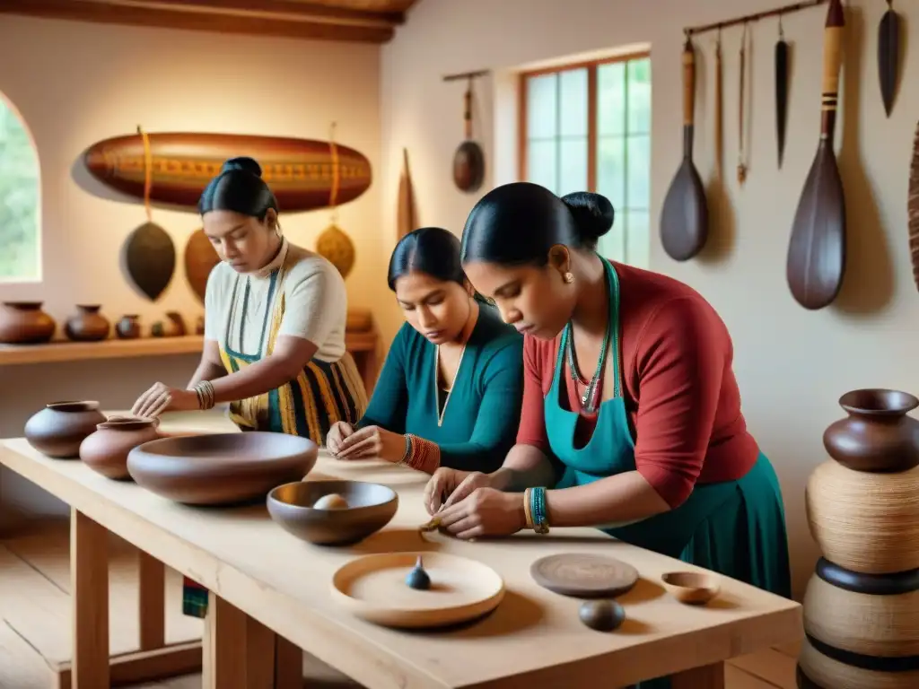 Miembros de comunidad indígena organizando artefactos en museo comunitario, reflejando preservación cultural y unidad en América