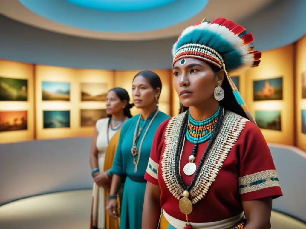 Miembros de comunidad indígena en museo comunitario América, exhibiendo tradiciones y orgullo cultural