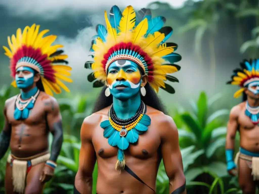 Miembros de la comunidad indígena Xingu en la selva amazónica, con trajes tradicionales vibrantes, celebrando en el Kuarup