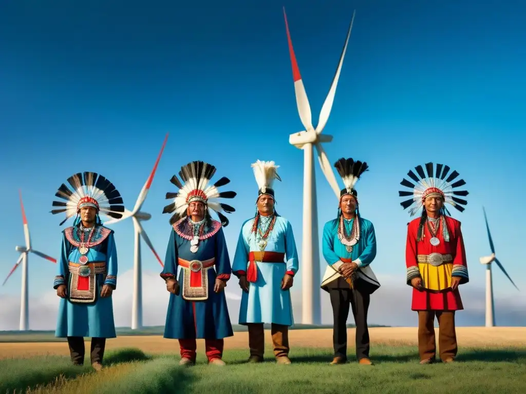 Miembros de la tribu Sioux lucen trajes tradicionales frente a una granja eólica en su tierra tribal