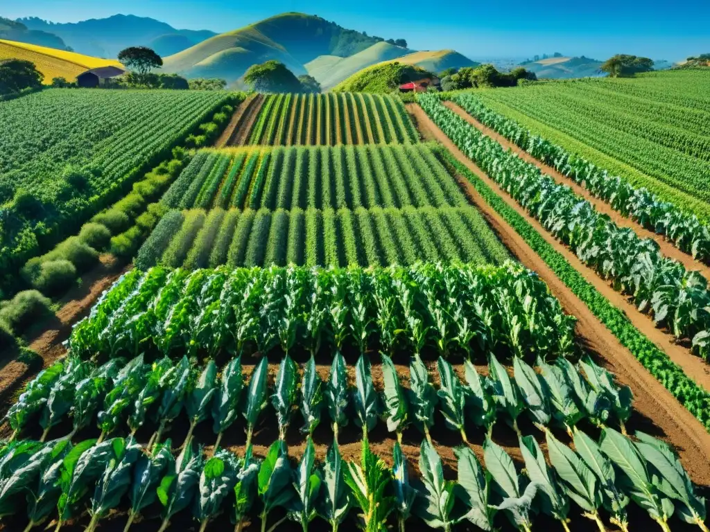 Una milpa mesoamericana con maíz, frijol y calabaza interplantados armónicamente bajo el sol brillante