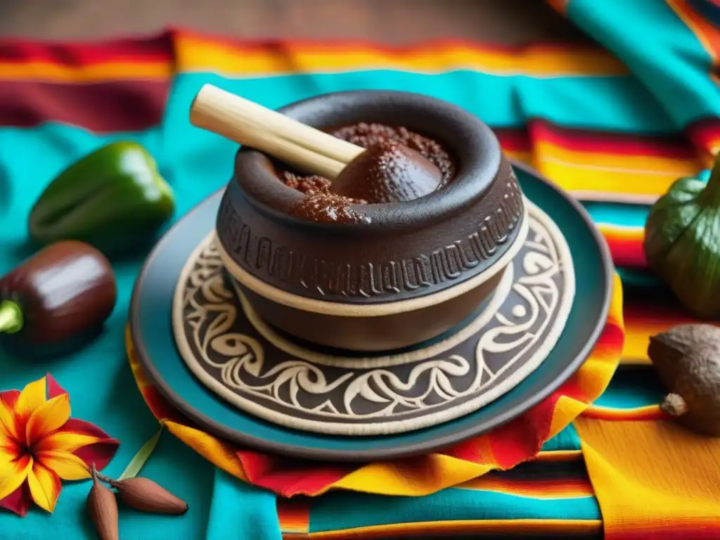 Un molcajete mexicano con mole oscuro y texturas detalladas, rodeado de textiles coloridos