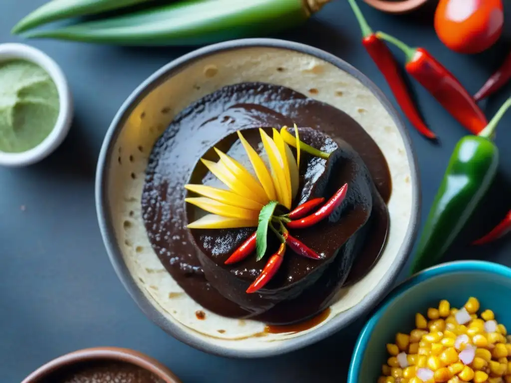 Un molcajete mexicano rebosante de salsa de chocolate oscuro y chiles, sobre tortillas de maíz