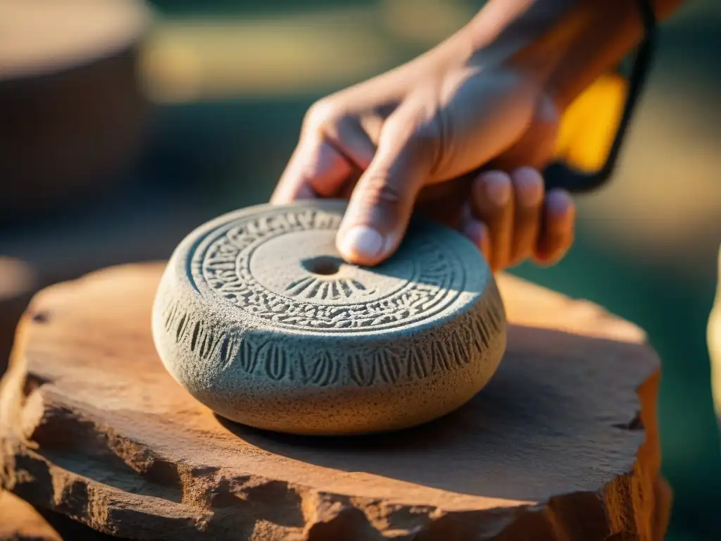 Un molcajete tradicional indígena con detallados grabados y textura rugosa