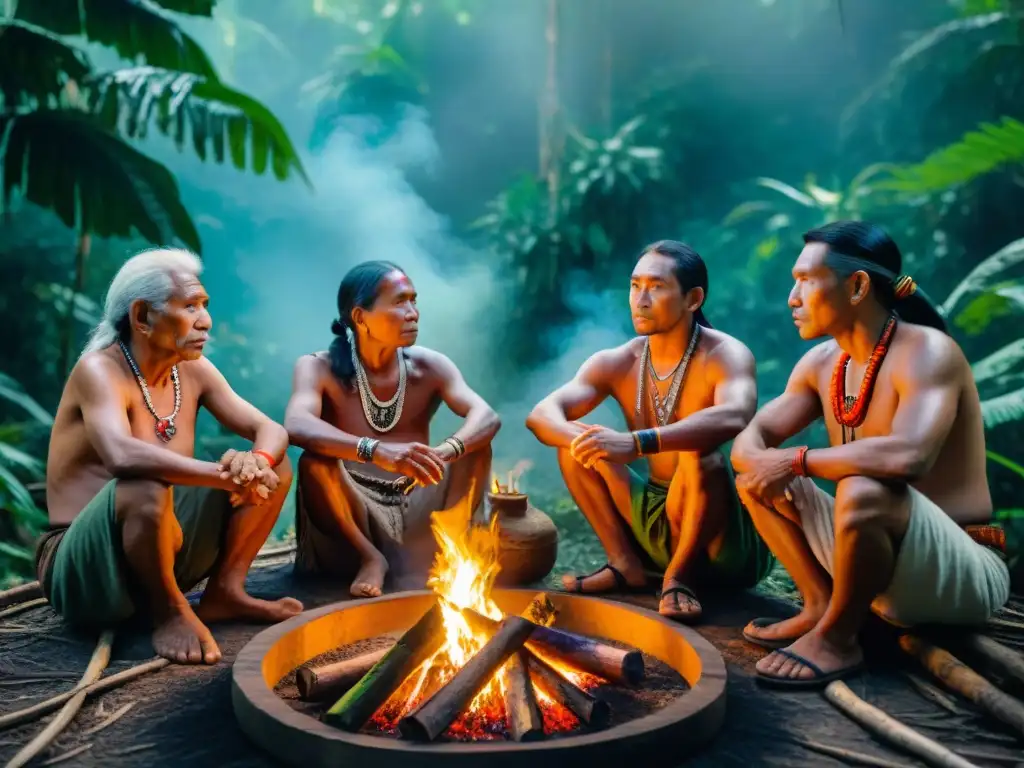 Un momento ancestral en la selva amazónica: ancianos indígenas alrededor del fuego