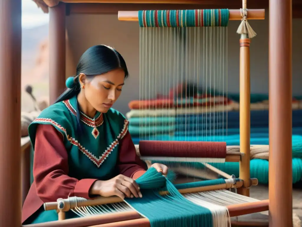 Un momento de maestría artística: tejedora Navajo en su telar tradicional, creando textiles con patrones geométricos