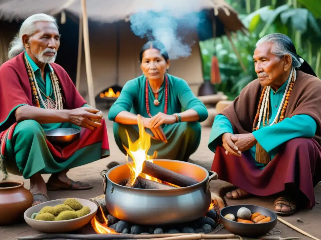 Un momento mágico de celebración indígena con ancianos en atuendos tradicionales, preparando recetas ancestrales alrededor de un fogón