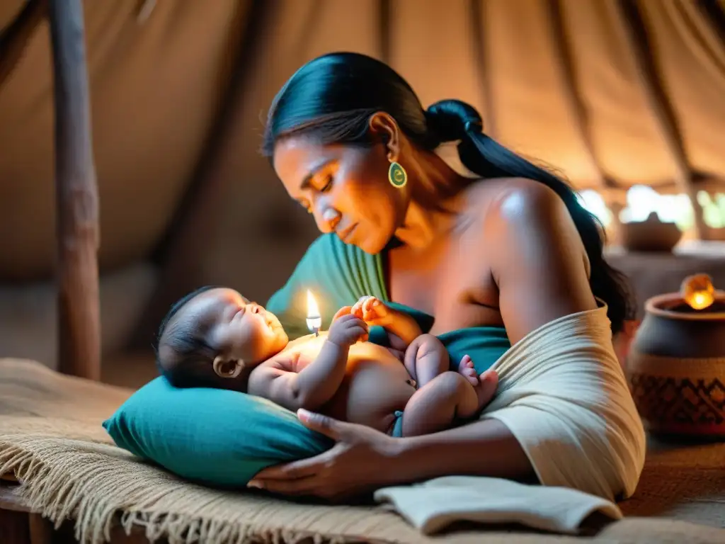 Un momento mágico: partera indígena sostiene al recién nacido en sus manos, iluminados por una vela en una cabaña de adobe