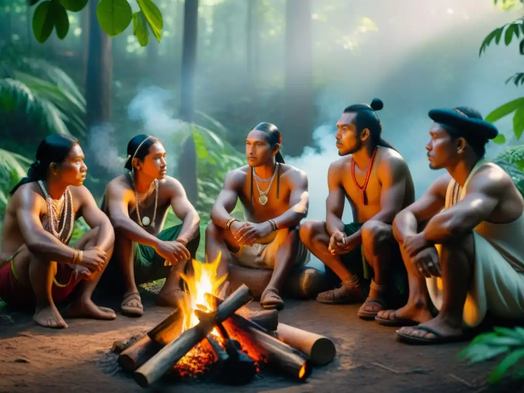 Un momento mágico de narrativa indígena en el corazón del bosque: ancianos y jóvenes compartiendo historias junto al fuego