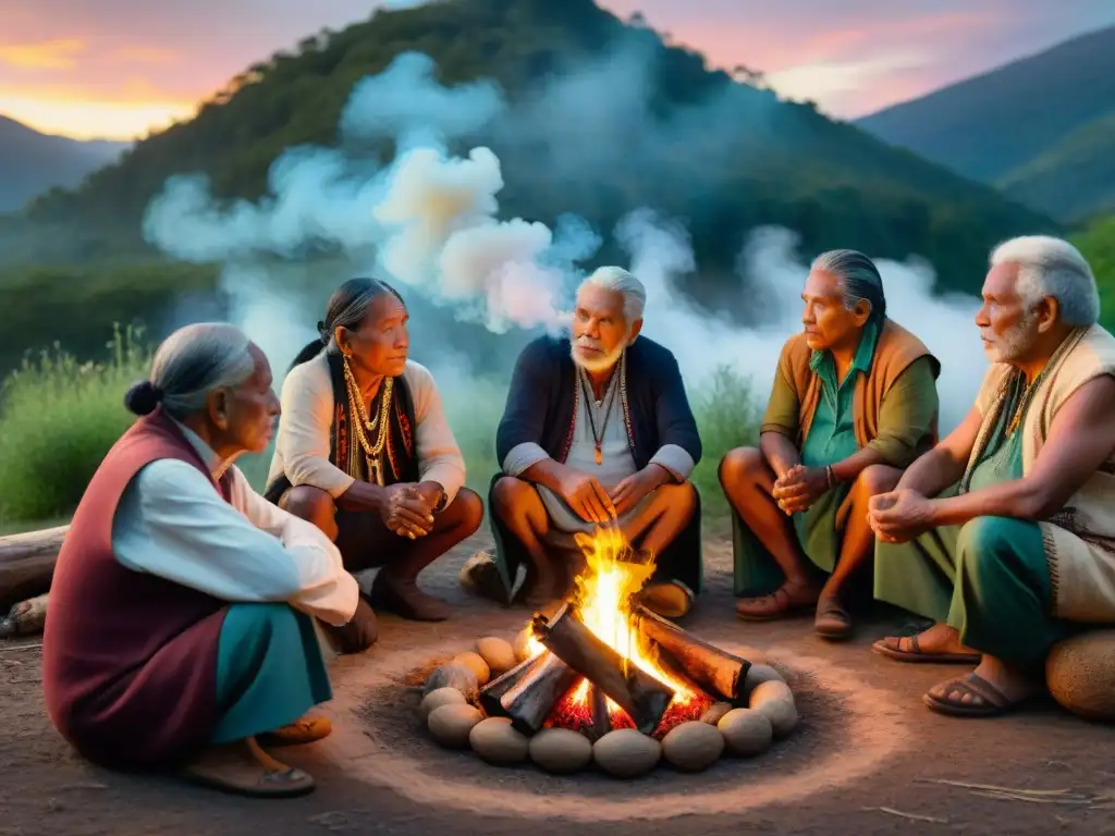 Un momento místico en un retiro espiritual indígena: ancianos comparten consejos ancestrales junto a participantes atentos en un bosque al atardecer