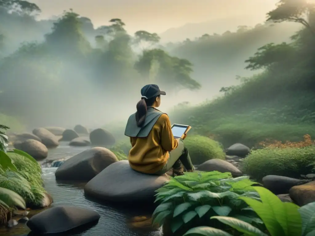 Armonía ancestral y tecnológica: monitor ambiental en bosque al amanecer Un monitor ambiental tradicional innovador registra datos en un bosque al amanecer