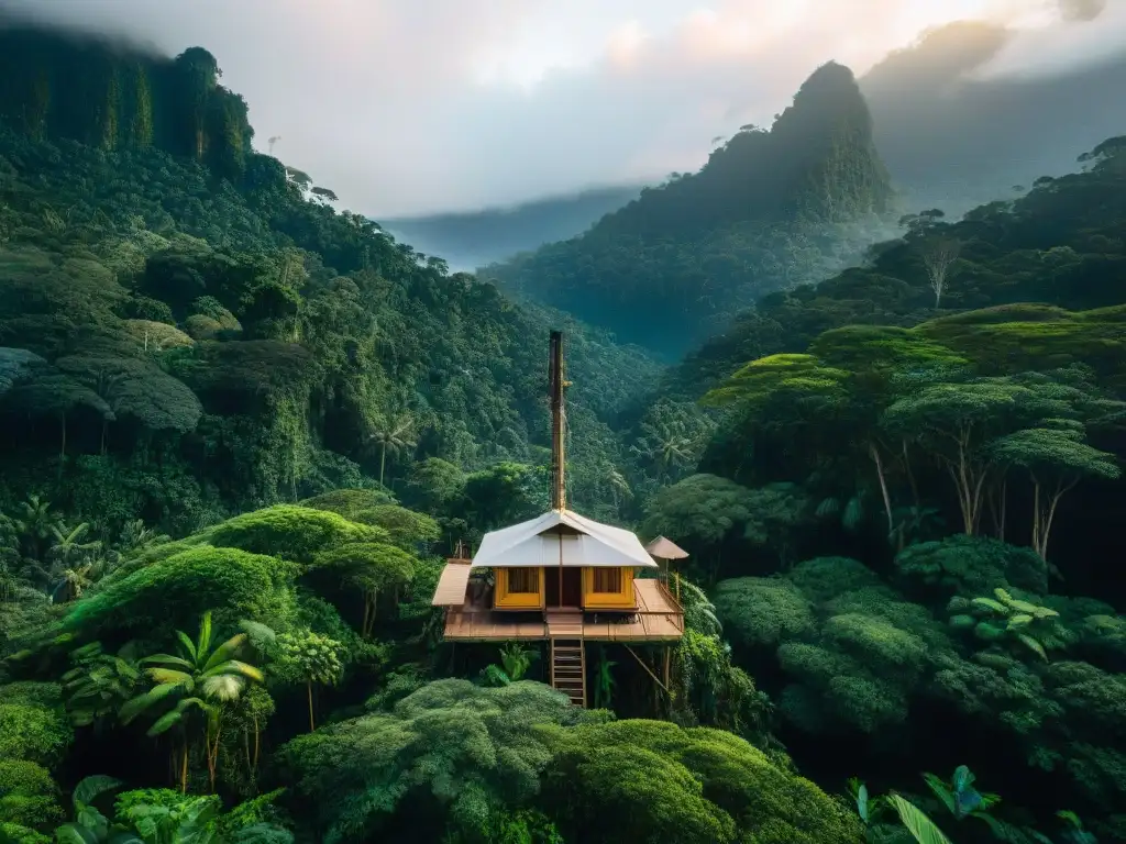 Estación de monitoreo ambiental tradicional y tecnológica en la selva amazónica con científicos y guías indígenas, flora y fauna