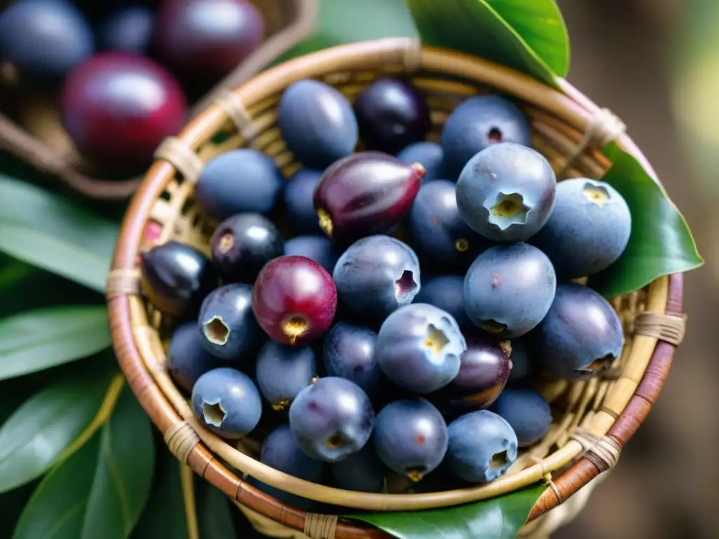 Montón de bayas de açaí coloridas en cesto tejido, con selva amazónica al fondo