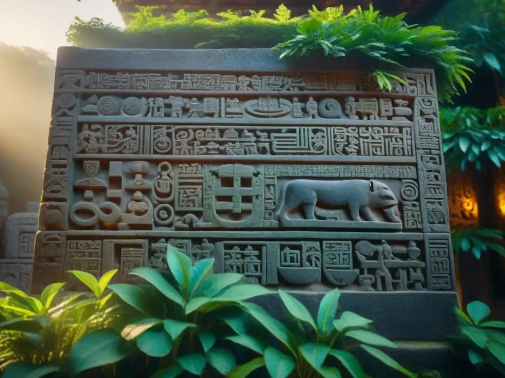 Monumento de piedra esculpido con jeroglíficos mesoamericanos iluminados por el sol, rodeado de exuberante vegetación