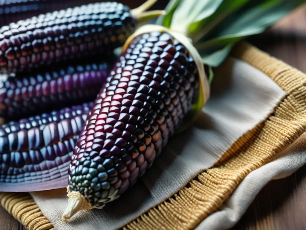 Maíz morado con textura única sobre tejido indígena, resalta la riqueza de ingredientes indígenas en gastronomía