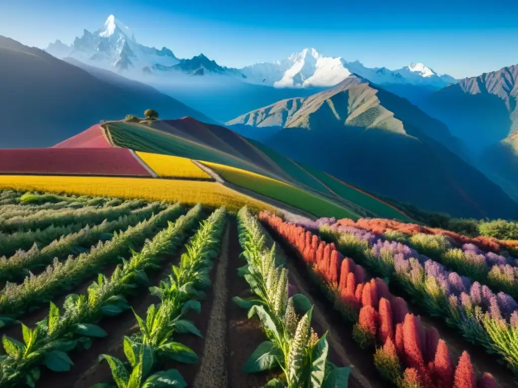 Un mosaico de colores en campos de quinua andina bajo el cielo azul, resaltando los beneficios salud quinua andina