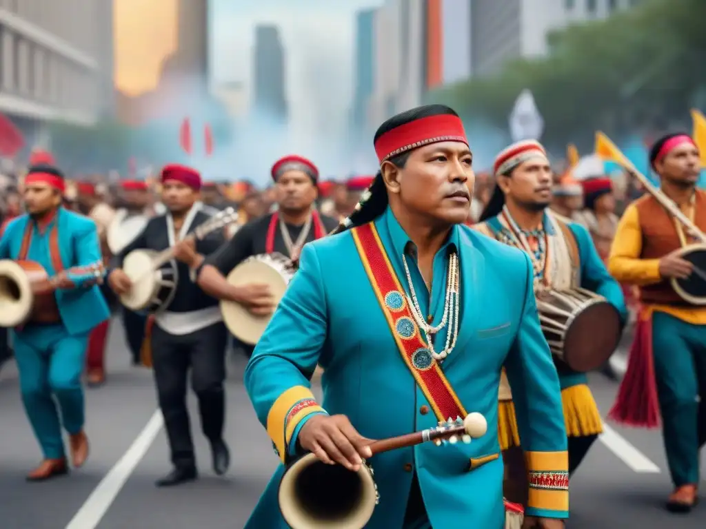 Música indígena en movimientos sociales: Grupo de músicos tradicionales con expresiones decididas y coloridos instrumentos en marcha de protesta