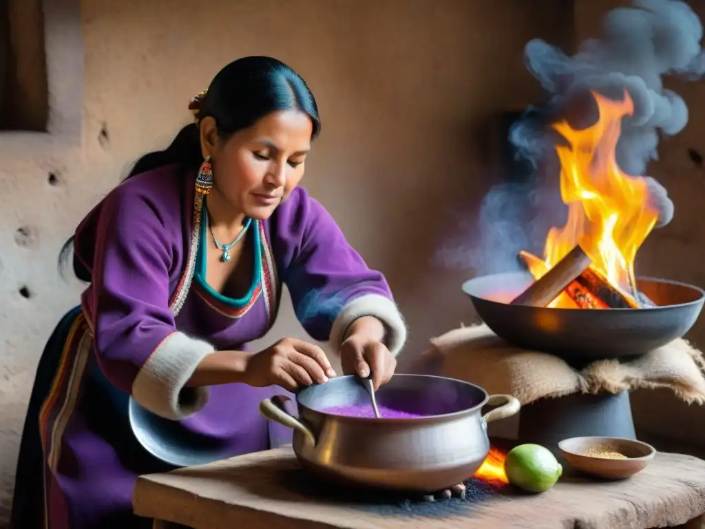 Una mujer andina prepara con destreza el Api Morado en una cocina rústica, destacando su cultura y tradición