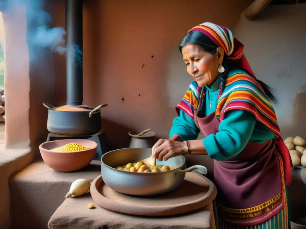 Una mujer andina preparando locro en una cocina rústica, destacando la alimentación tradicional en los Andes