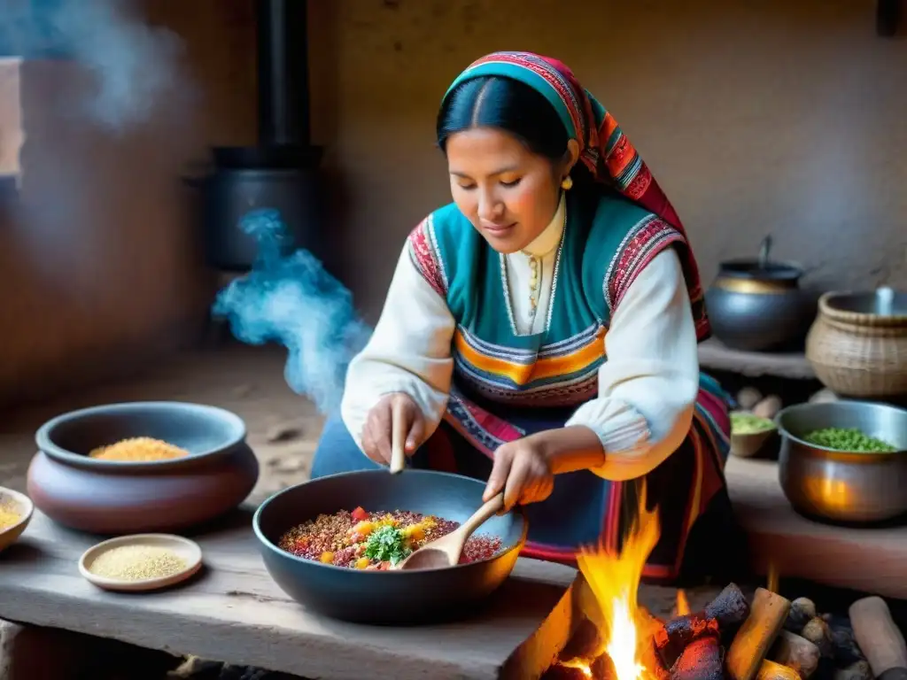 Una mujer andina preparando una rica sopa de quinua en una cocina tradicional