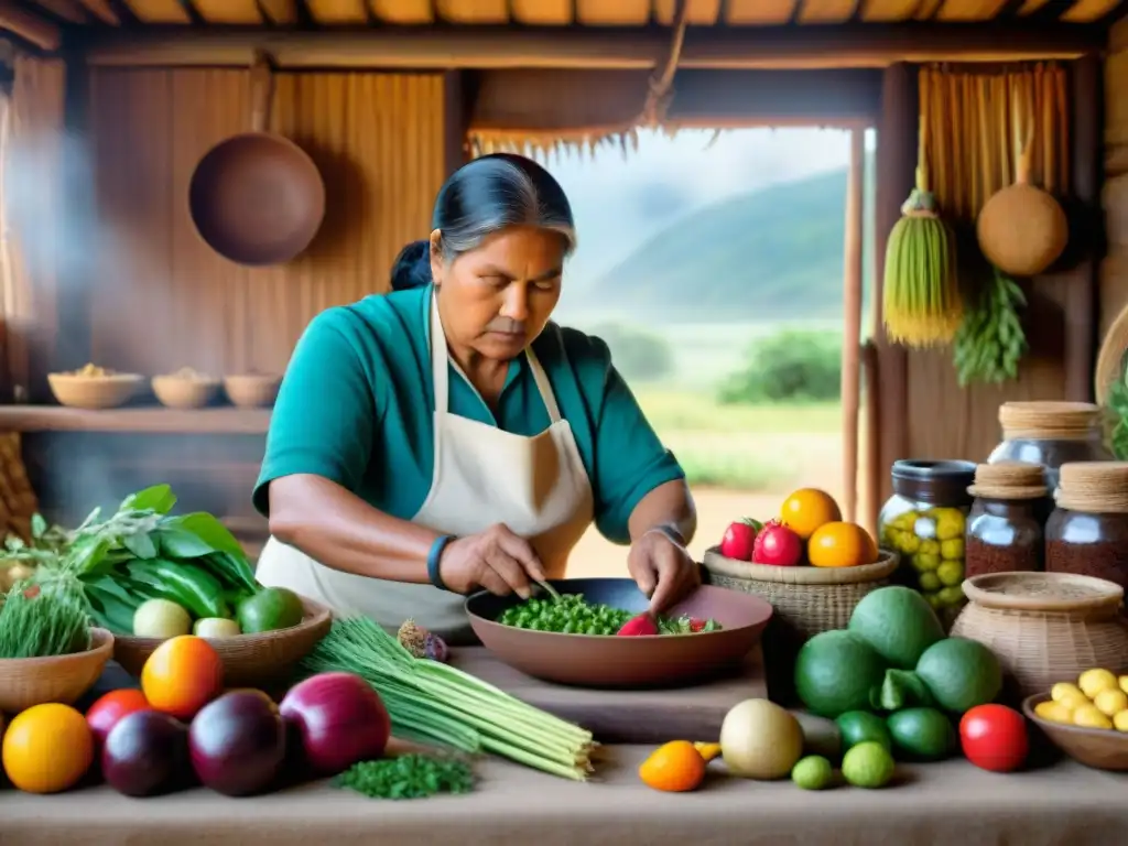 Una mujer indígena prepara alimentos usando técnicas ancestrales en una cocina tradicional, resaltando la importancia cultural