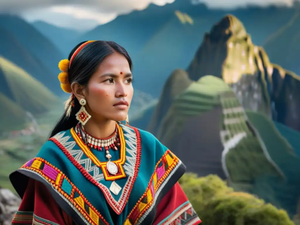 Mujer indígena andina viste traje tradicional vibrante frente a montañas, reflejando herencia cultural