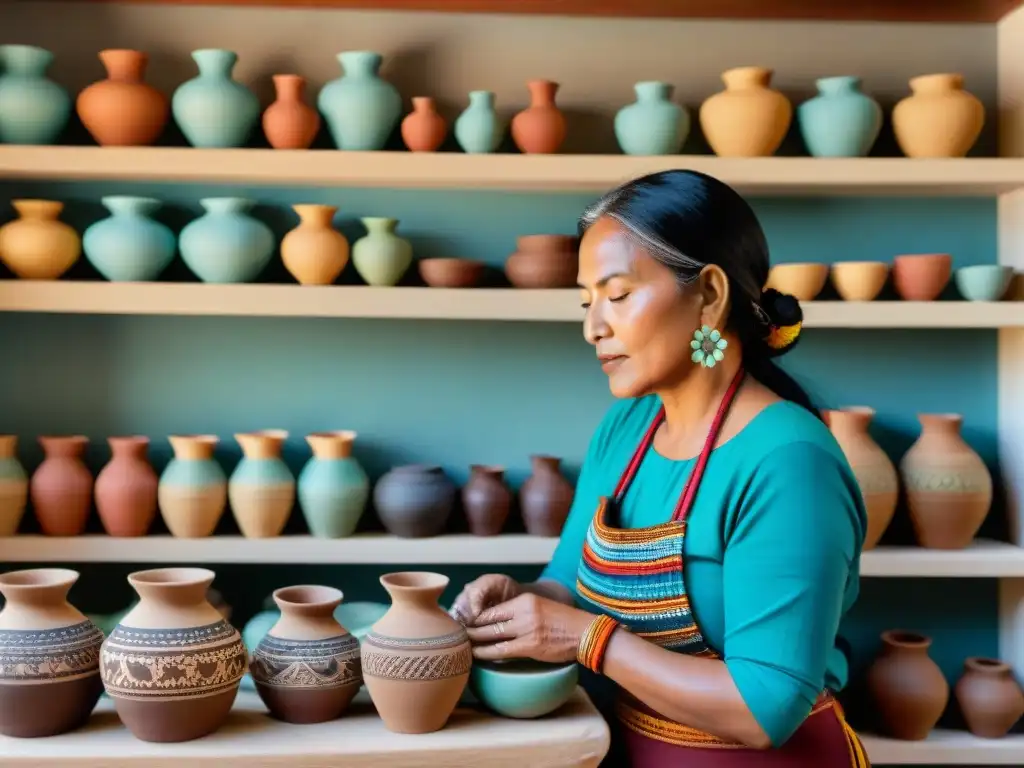 Mujer indígena artesana moldeando cerámica en escena luminosa