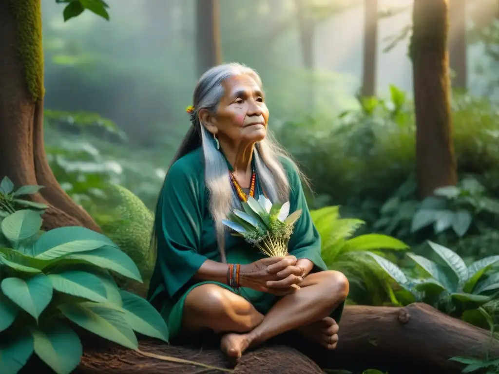 Mujer indígena con cabello plateado y plumas, rodeada de plantas medicinales en el bosque