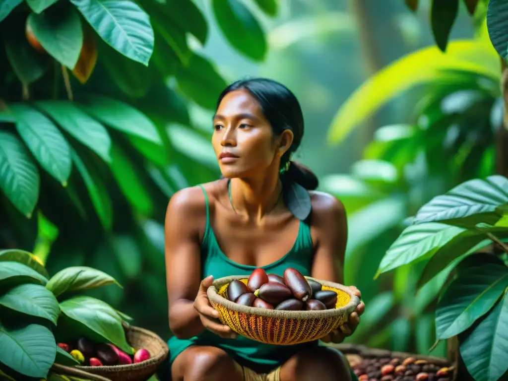 Una mujer indígena cosechando cacao en la selva amazónica, mostrando el origen y aplicaciones innovadoras del cacao